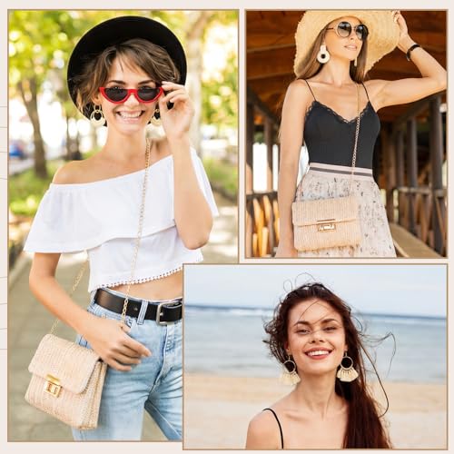 Image of Dansydaisy 5 Pack Striped Straw Clutch Purse Crossbody Vacation Handbag Woven Rattan Dangle Earrings for Women(Creamy White,Square Buckle)