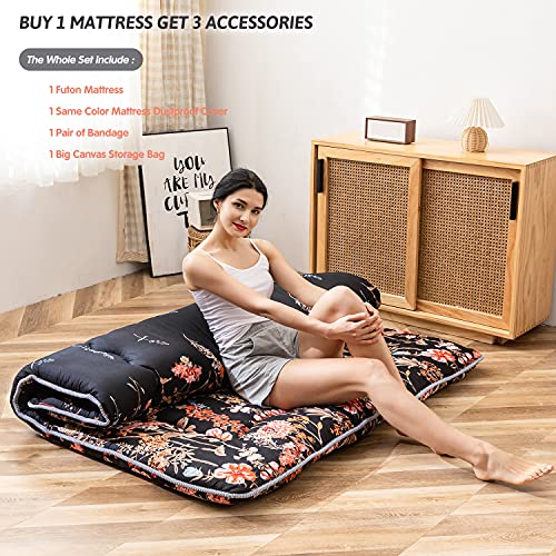 Image of MAXYOYO Japanese Futon Mattress Floor Mattress Sleeping Pad Foldable Mat Roll Up Camping Cushion Floor Lounger Couches and Sofas Couch Topper, Black Floral, Full Size