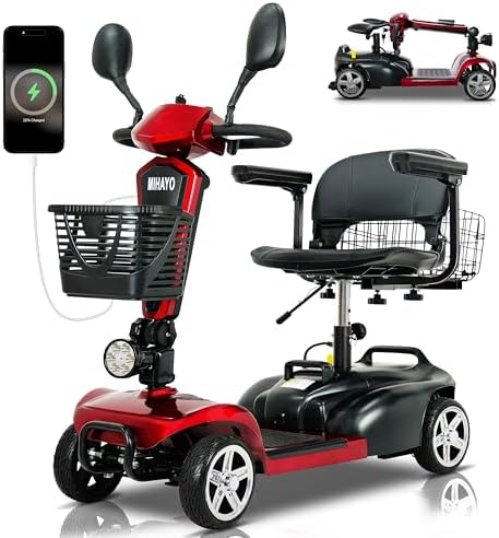 MIHAYO 4 Wheel Mobility Scooter for Seniors&Adults- 25 Miles Range, Foldable Powered Electric Wheelchair Device w/600WH Battery,Only 8 lb Weight, Dual Basket, 300 lb Capacity, Compact,Red