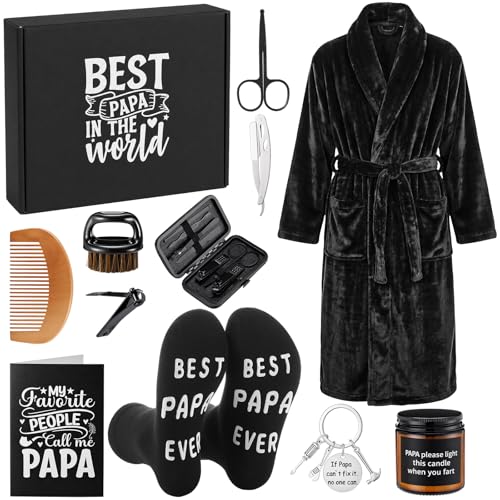 Shyyween 11pcs Birthday Gift for Men Fathers Day Retired Gifts Basket Fuzzy Robe Candle Beard Care for Uncle Dad Grandpa(Papa)