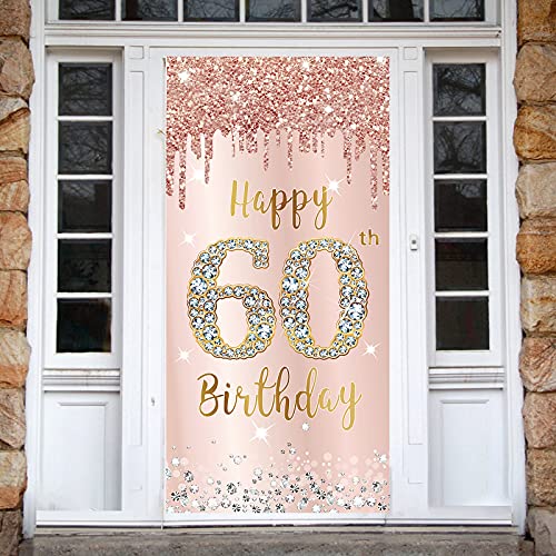 Image of 60th Birthday Door Banner Decorations for Women, Pink Rose Gold Happy 60th Birthday Door Cover Backdrop Party Supplies, Large Sixty Year Old Birthday Poster Sign Decor
