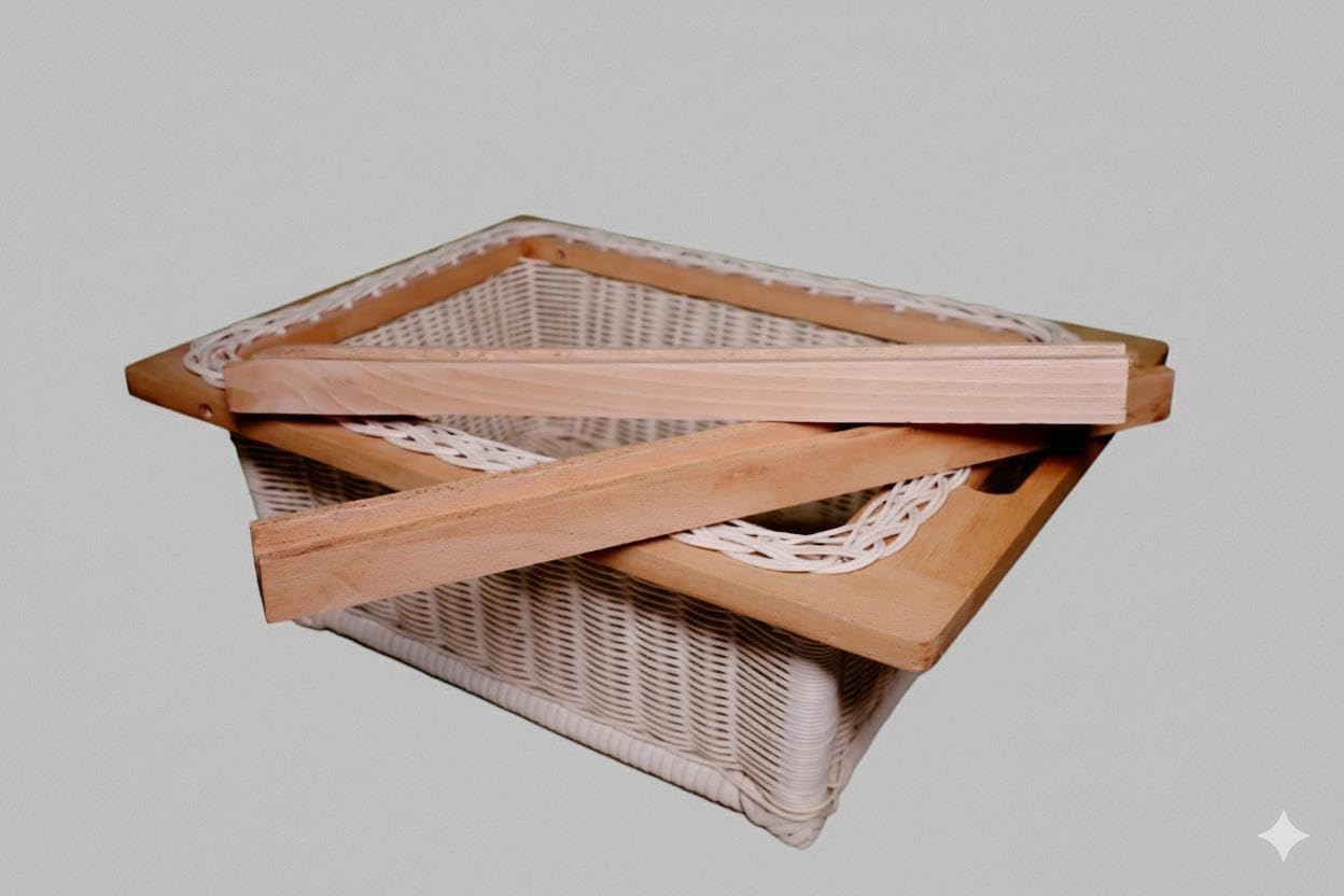 Pullout Modular Kitchen Wicker Basket with Runner, Natural Wood Frame, W22 D20 H8 Inch