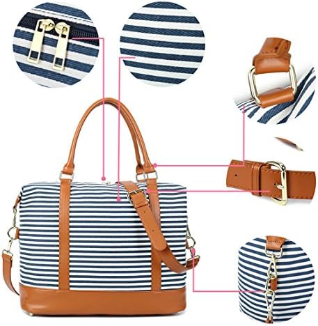 Women Ladies Canvas Weekender Bag Overnight Carry-on Tote Duffel in Trolley Handle (Blue Stripe) 5 Women Ladies Canvas Weekender Bag Overnight Carry-on Tote Duffel in Trolley Handle (Blue Stripe)