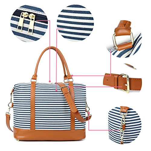 Women Ladies Canvas Weekender Bag Overnight Carry-on Tote Duffel in Trolley Handle (Blue Stripe)