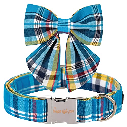 Unique style paws Blue Plaid Dog Collar with Bow Cute Puppy Collar for Small Medium Large Dogs as Autumn Winter Pet Gifts-XL