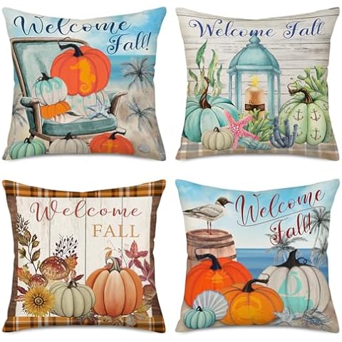 Qinqingo 4pcs Welcome Fall Pillow Covers Autumn Decorations Coastal Beach Starfish Shell Pumpkin Farmhouse Throw Pillow Case Fall Decor Grateful Thanksgiving 20 X 20 Inches Cover