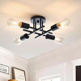 Schwarz Deckenleuchte Industrial, 4-Flammig Sputnik Kronleuchter, E27 Vintage Deckenlampe für Home Office Hotel Bar Wohnzimmer Esszimmer Schlafzimmer Küche (Ohne Leuchtmittel)