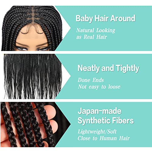 Humistwbiu Braided Wigs For Black Women Full Double Lace Front Square Knotless Box Braid Wig With Baby Hair Japan-Made Lightweight Synthetic Black Hand Braided Wigs 36 Inch (1B) #TOP3