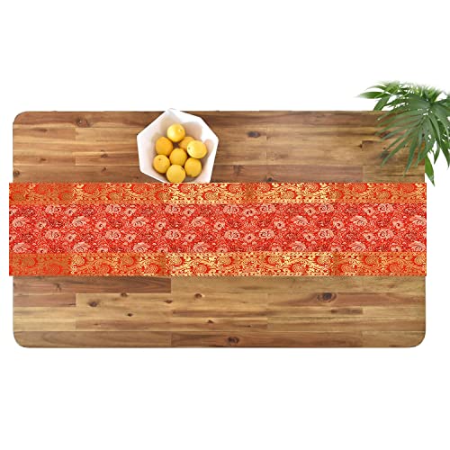 Image of E-EZRA Room Decor Banarasi Silk Handmade Flower V Shape Table Runner Dinning & Centre Table Long Runner Bed Runner Gold Tassels End Size 14 X 80 inches (Red)