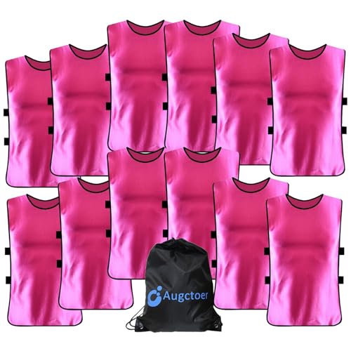 12 Pack Soccer Pinnies, Team Practice Jerseys with Elastic Sides, Non-Mesh Soccer Pennies for Unisex & Youth, Sports Bibs for Soccer, Football, PE & Field Games (Pink, Medium)