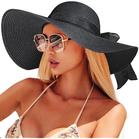 Beach Hats for Women, Straw Sun Hat with Wide Brim, Summer Floppy Beach Hats for Women, Packable Floppy Straw Garden Hat Black Cover