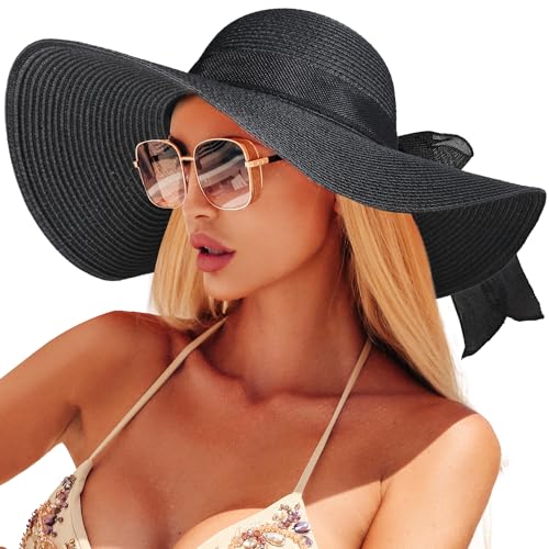 Beach Sun Hats for Women Wide Brim Straw Hat Floppy Packable UPF 50+ UV Protection with for Summer Black