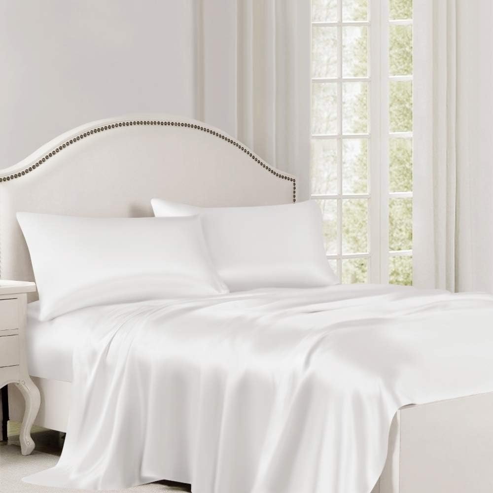 ElleSilk 100% Silk Flat Sheet, Luxury Bed Sheet, 22 Momme, The Highest Grade Mulberry Silk, Natural Dye, Naturally Breathable, Full/Double 81" x 96", White