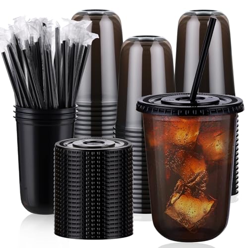 tchrules 100 Set 16oz Plastic Cups with Lids and Straws Disposable Black Clear Iced Coffee Cup with Lid Round Bottom Plastic To Go Cups for Cold Drinks Slushie Smoothie Soda Bar Party Shop Supplies