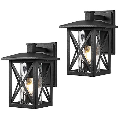 Beionxii Outdoor Wall Sconces  Twin-Pack Exterior Porch Light Fixtures, Sand Textured Black with Water Rippled Glass - A330W-2PK