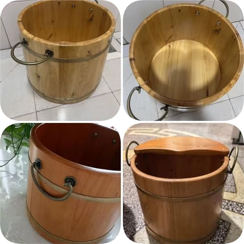 Tina de pie de madera con tapa y asas para spa en casa miniatura 5