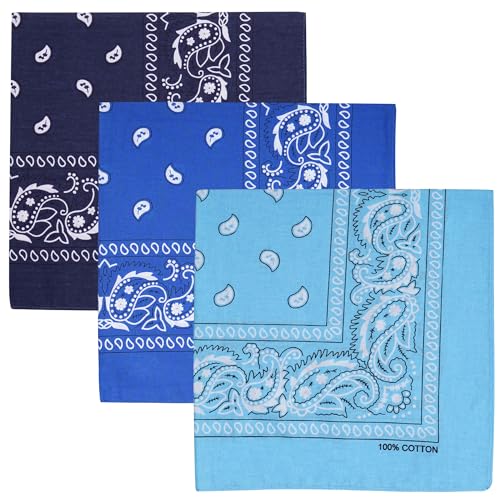 100% Cotton Large Bandanas for Men and Women 22 Inch Paisley Bandana with Multiple Colors (Royal Blue/Navy Blue/Light Blue)