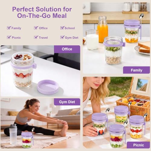 Image of 6 Pack Purple Overnight Oats Containers with Lids and Spoon - 16 oz Glass Mason Jars with Dressing Divider, Leakproof Chia Yogurt Parfait Cups for Oatmeal Cereal Meal Prep Sugar Packet Holders
