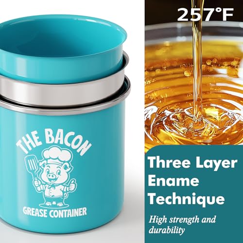 PGYARD Mini Bacon Grease Saver With Strainer - 15OZ Enamel Grease Container, Farmhouse Bacon Grease Keeper For Kitchen Fat Storage, Dishwasher Safe-Light Blue - Thumbnail 3