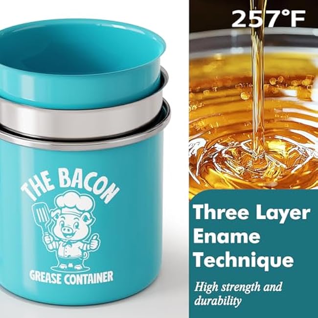 PGYARD Mini Bacon Grease Saver With Strainer - 15OZ Enamel Grease Container, Farmhouse Bacon Grease Keeper For Kitchen Fat Storage, Dishwasher Safe-Light Blue