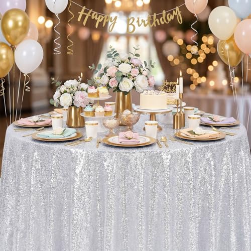 Image of B-COOL Silver Sequin Tablecloth Decorations - 120 Inch Sparkly Table Fabric for Holiday Feast Birthday Celebration Anniversary Party