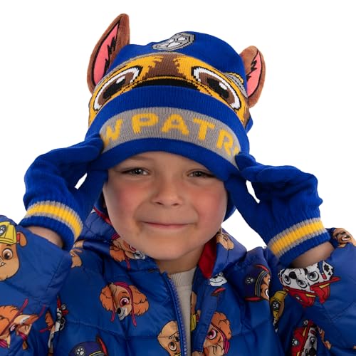 Image of Paw Patrol Hat And Gloves For Boys, Chase Kids Winter Hat Set, Chase Boys' Hats & Caps, Blue, One Size