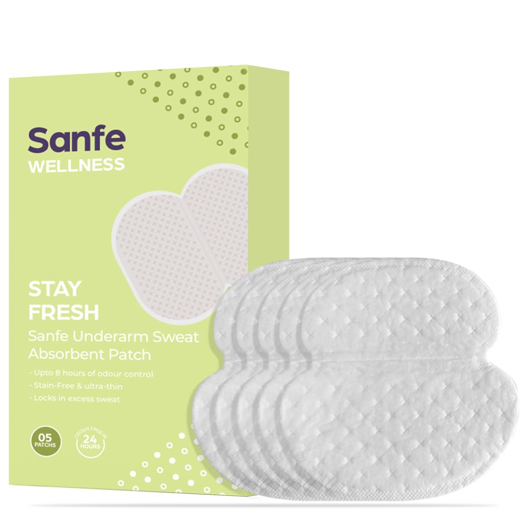 Sanfe Underarm Sweat Absorbent Patch | Prevents Stains, Absorbs Sweat & Unpleasant Odour | 8 hr odour control, stain free, ultra thin | 5 Pairs, For men & women