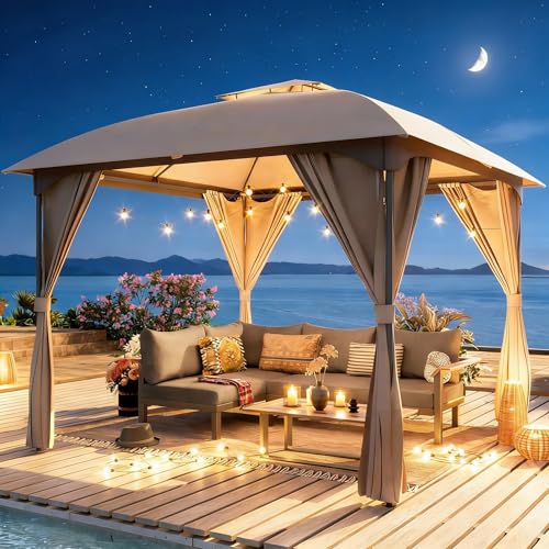 10'x10' LAUSAINT HOME Arc Double-Tier Roof Gazebo Canopy w/ Curtains (Khaki) - image 6