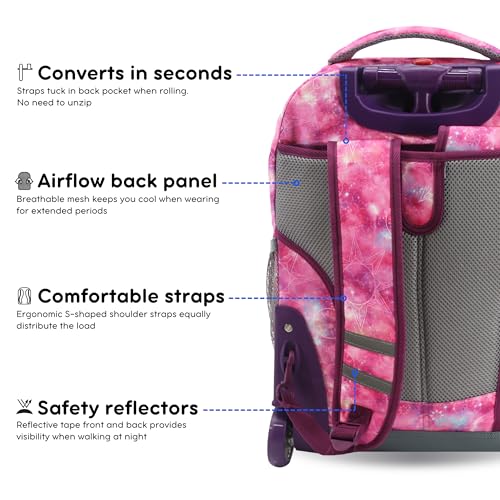 Image of J World Sunrise Kids Rolling Backpack with Wheels for Girls Boys, Roller Bookbag for School, 18 x 13 x 9 Inches, Purple Galaxy