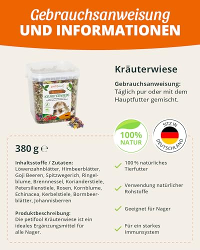petifool Nager-Ergänzungsfutter Kräuterwiese, natürliches und gesundes Kaninchenfutter, 1er Pack (1 x 380 g)