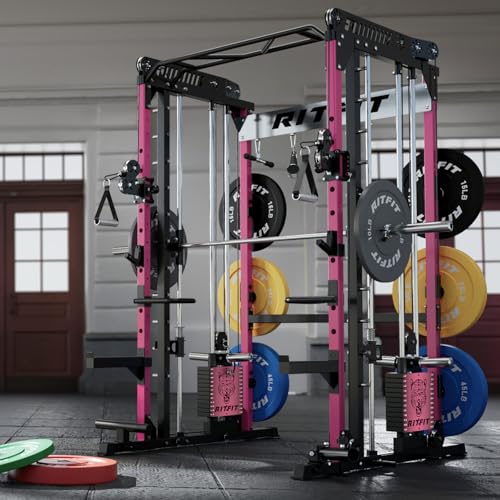 Image of RitFit M1 Pro Smith Machine Package, All-in-One Power Cage with Weight Stack Set, Includes LAT Pulldown & Cable Crossover System for Home Gym