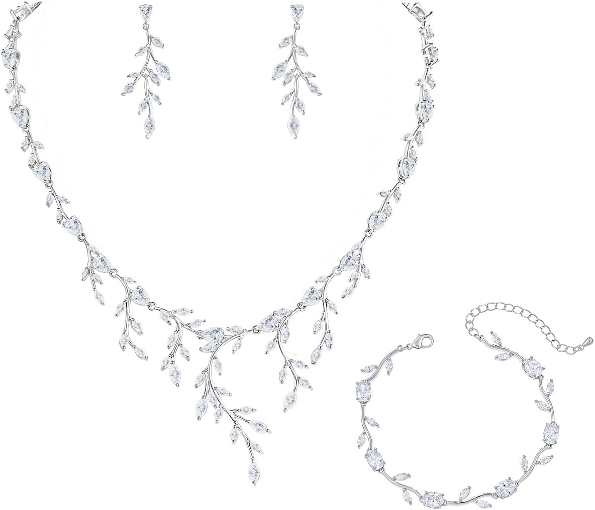 Bridal Wedding Jewelry CZ Set Marquise Teardrop Cubic Zirconia Pendant Necklace and Dangle Earring Bracelet Sets for Women