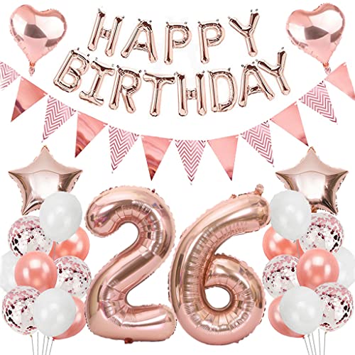 Ouceanwin Decoration Anniversaire 26 ans Femme, Ballons Anniversaire Femme, Or Rose Guirlande Joyeux Anniversaire, Ballons Chiffre 26, Kit de Fournitures de Fête pour 26 ans Anniversaire Adultes