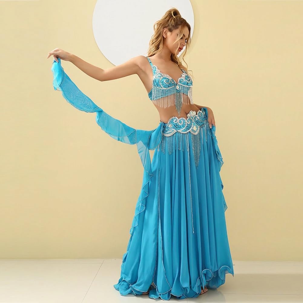 ROYAL SMEELA Belly Dance Costume Set for Women Belly Dance Bra and Belt Chiffon Dancing Skirts Professional Outfit 3pcs