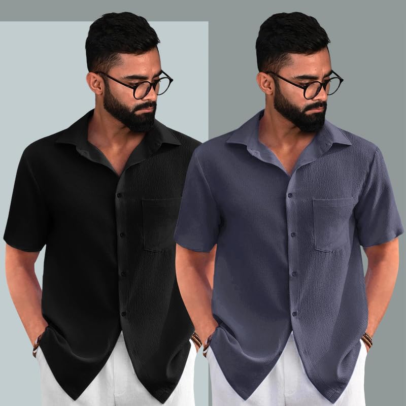 Image of Tee Projekt Solid Shirt for Men's ||Pop corn Shirt|| Solid Shirt for Men's|| Casual Shirt for Men||Half Sleeve Spread Collar Shirt for Men|| Pack of-2