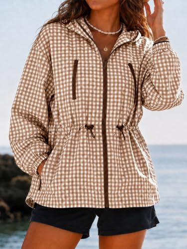 Fisoew Womens Rain Jacket Waterproof Plaid Raincoat Hooded Windbreaker | Oversized Lightweight Jacket, Drawstring Waist, Decorative Chest Zipper, Two Side Pockets, Casual Travel Hiking Outdoor Coats - image 2