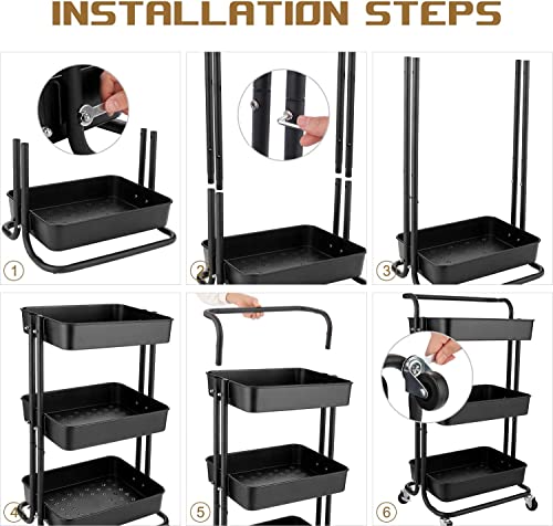 منظم عربة بعجلات من 3 طبقات من المفرج للادوات المنزلية، اسود