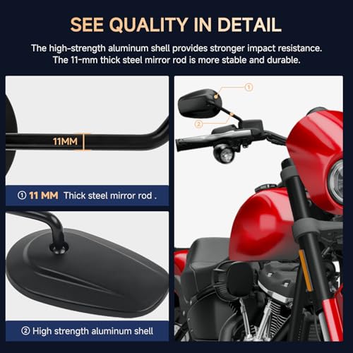 Image of Motorcycle Mirrors - Long Stem 8mm Motorcycle Handlebar Rearview Side Mirrors Compatible with Harley Road King,V-ROD, Sportster, Dyna, Softail, Street Electra Road Glide 1982-2025 Black Tapered