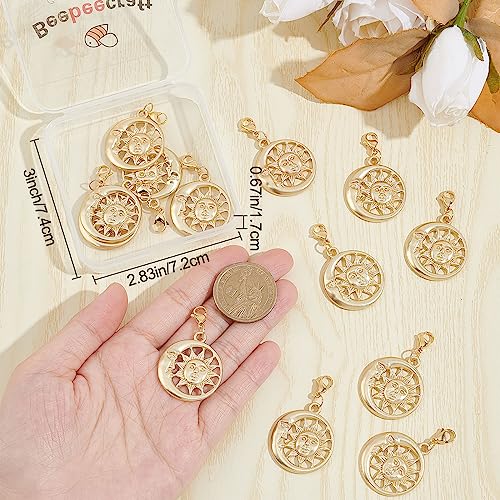 Beebeecraft 1 Box 15Pcs Sun & Moon Pendant Charms 18K Gold Plated Flat Round Pendant Decorates with Lobster Claw Clasps for Jewellery Making - Image 3