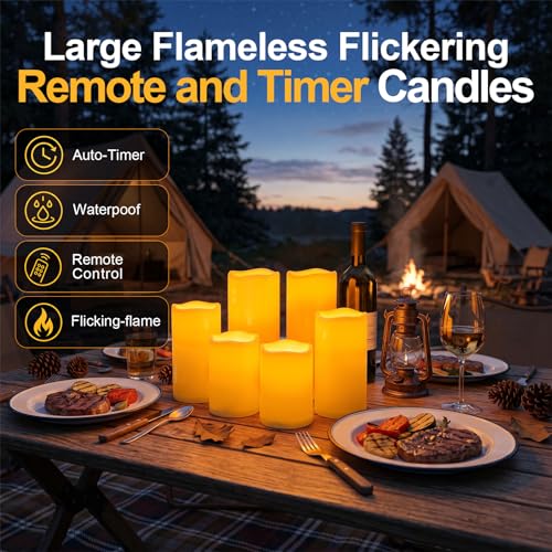 Image of 5plots Large Waterproof Flameless Candles 4 inchx8 inch White LED Pillar Set of 2 | Waterproof plastic candles with remote timer, realistic flickering LED glow. Battery operated for patio, porch & lanterns