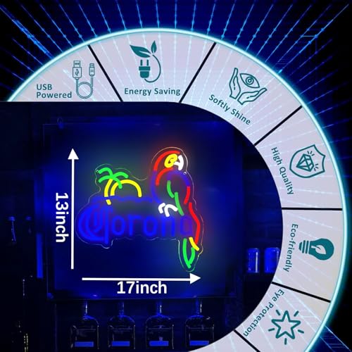 Image of Coron Neon Sign Parrot Neon Lights for Bar Decor, Palm Tree Beer Lights Bar LED Neon Sign Dimmable Light Up Signs Man Cave Home Pub Beer Gift Neon Lamp (Blue)