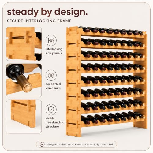 Image of NutriChef 72 Bottle Wine Rack Stackable Bamboo Freestanding, 8-Tier Modular Shelf, Sturdy Wobble Free, Upgraded 2026 Design, Easy No-Tool Assembly for Kitchen, Cellar or Bar Storage 33.5 inch x 10 inch x 41 inch