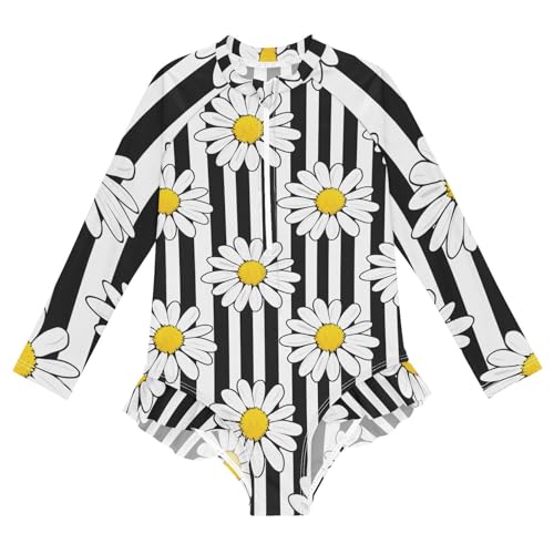 Girls One Piece Swimsuits Long Sleeve Swimsuit Zipper Bathing Suits White Daisies Black Stripes