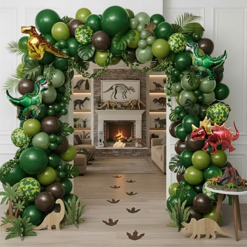 Dinosaur Birthday Party Decorations include Sage Green Brown balloon arch & small T-Rex Foil balloons for Dinosaur T-REX Theme Jungle Safari Dino Party Decorations Supplies