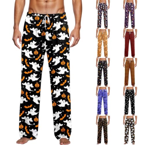 NUOLALDH Halloween Pajamas Men Halloween Pajamas Men Pajama Pants Family Pjs Pumpkin Ghost Bat Plus Size Matching For Couples Adult Unisex 01 Black X-Large