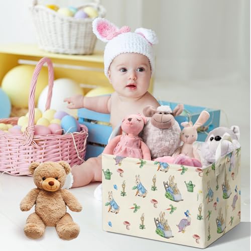 Image of Rabbit Foldable Handle Storage Basket, Waterproof Organizer for Nursery, Bunny Square Toys Bin, Rectangular Book Box, Versatile Clothes Container, Gift Hamper for Girls and Boys Home Decor