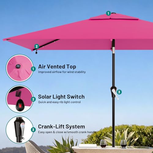 Image of AreShark 6.5' x 10' Rectangular Patio Umbrella with Solar Lights, Solar Powered Lighted Market Umbrella w /Tilt and Crank, Outdoor Table Umbrella for Garden, Deck, Backyard, Pool and Beach, Rose Pink