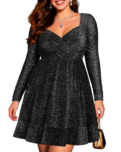Pinup Fashion Plus Size Cocktail Dress Sparkly Black Long Sleeve Short Dress