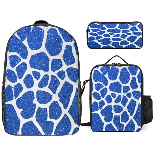 Giraffe Pattern Blue Glitter Backpack Set 3 Pieces Backpacks Lunch Bag Wallet For Travel Outdoor Sports