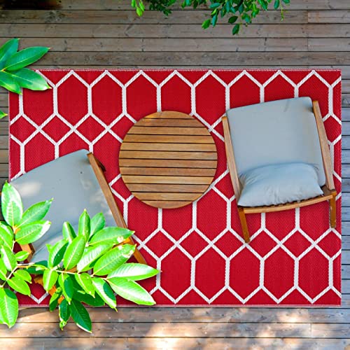 Outdoor Rug - Crease-Free Recycled Plastic Floor Mat for Patio, Camping, Beach, Balcony, Porch, Deck - Weather, Water, Stain, Lightweight, Fade and UV Resistant - Miami- Red & White (8'x10')